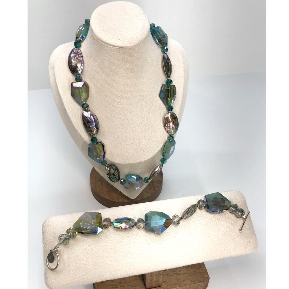 Donna Dressler Sterling Silver 925 Abalone AB Crystal Bead Necklace Bracelet Set